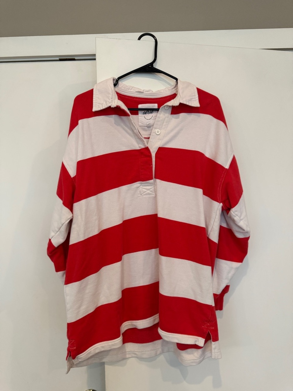 aerie Red and White Striped Polo Rugby Top